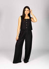 LINEN BLEND WIDE LEG TROUSERS - BLACK