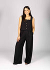 LINEN BLEND WIDE LEG TROUSERS - BLACK