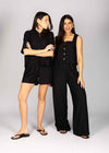 LINEN BLEND WIDE LEG TROUSERS - BLACK