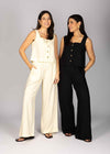 LINEN BLEND WIDE LEG TROUSERS - BLACK