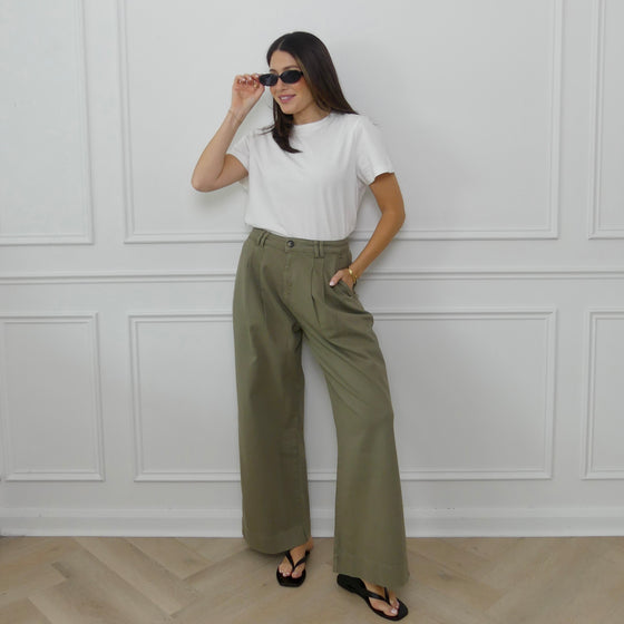 WIDE LEG PLEATED TROUSERS - KHAKI