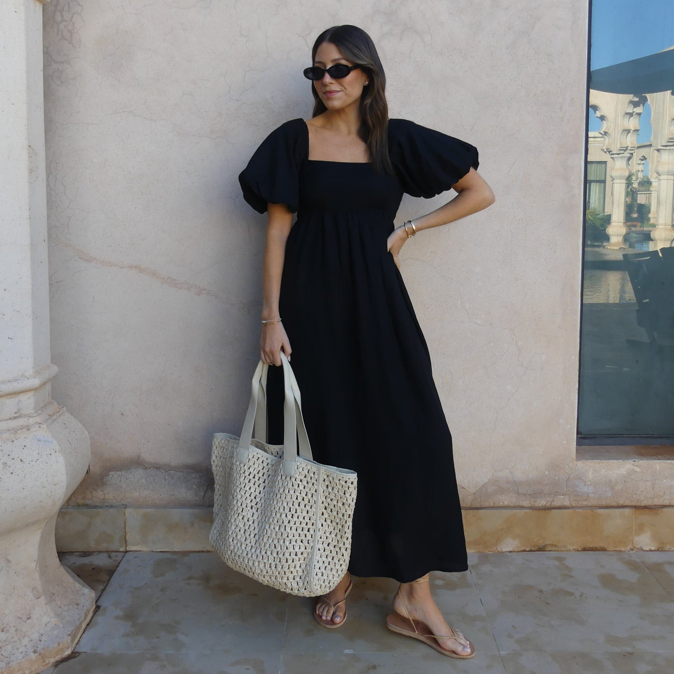 PUFF SLEEVE MIDI DRESS BLACK