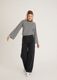  LONG SLEEVED STRIPE TOP - BLACK/CREAM