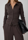 COLLARED RIBBED BUTTON THROUGH - BROWN