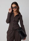 COLLARED RIBBED BUTTON THROUGH - BROWN