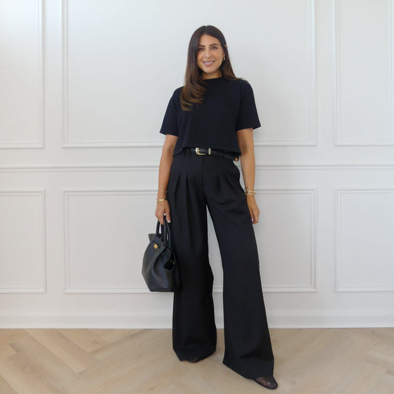 TWILL TAILORED WIDE LEG TROUSERS - BLACK