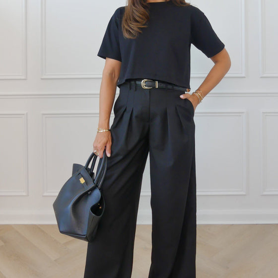 TWILL TAILORED WIDE LEG TROUSERS - BLACK