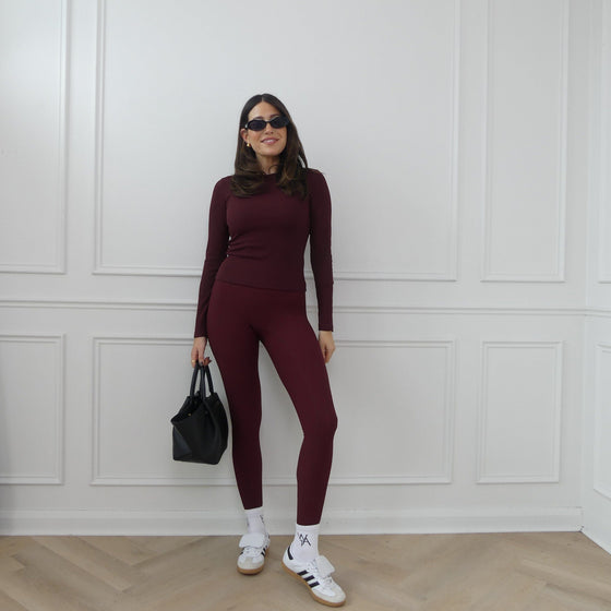 SCULPT RIB LONG SLEEVE TOP - BORDEAUX