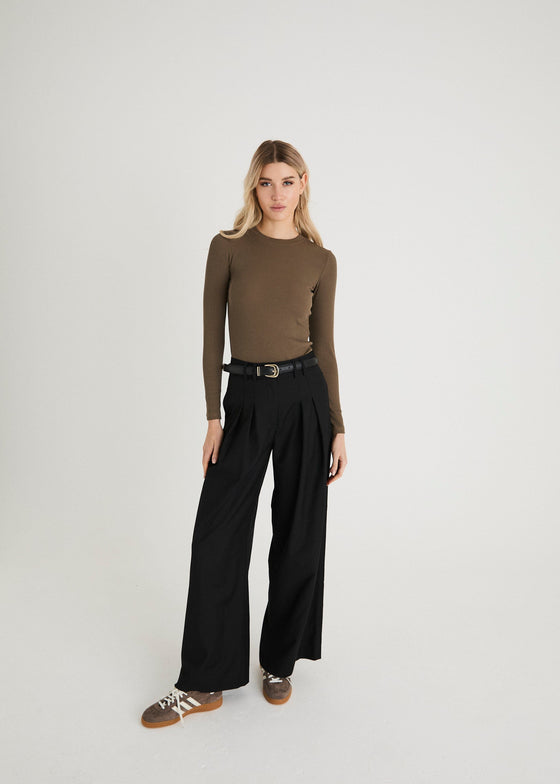 TWILL TAILORED WIDE LEG TROUSERS - BLACK