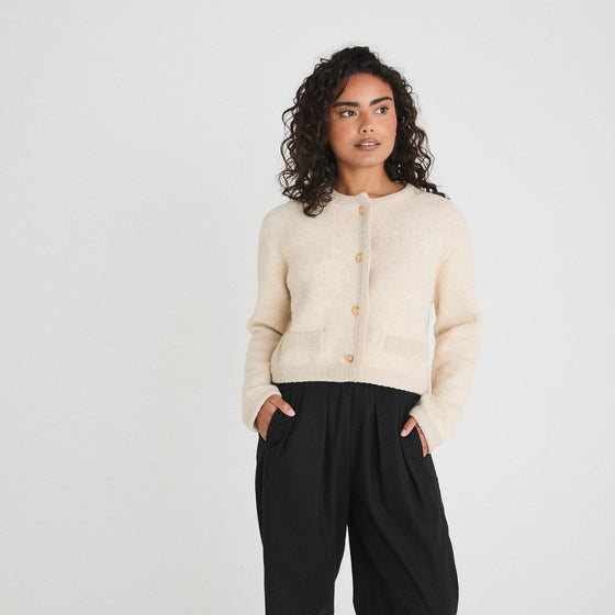 CONTRAST TRIM KNITTED CARDIGAN - CREAM