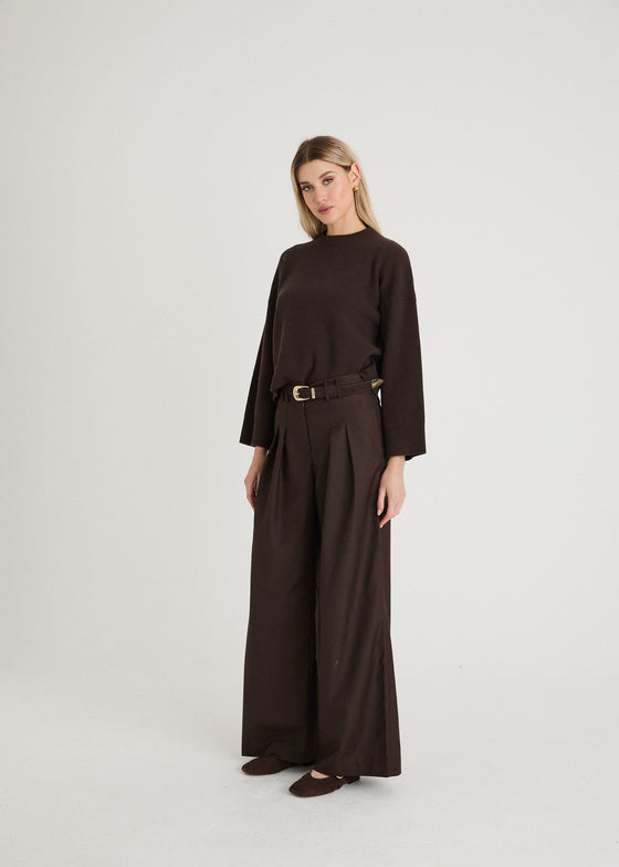 TWILL TAILORED WIDE LEG TROUSERS - BROWN