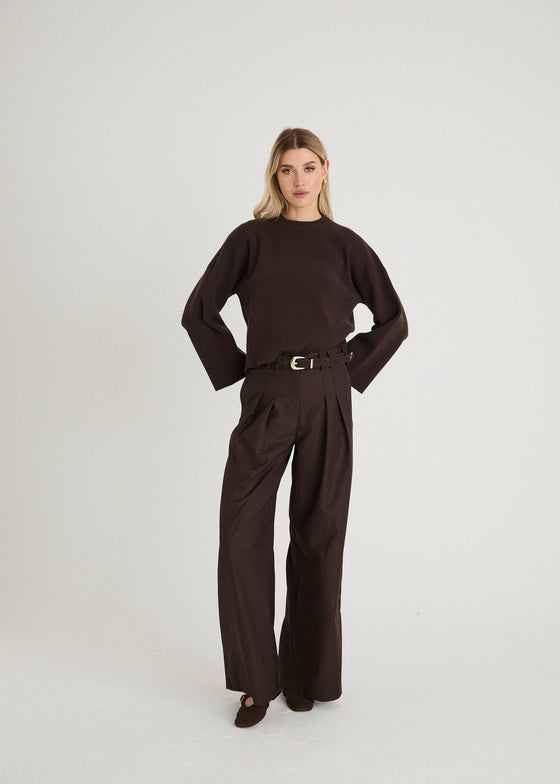 TWILL TAILORED WIDE LEG TROUSERS - BROWN