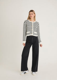  CONTRAST TRIM STRIPED KNITTED CARDIGAN - BLACK / WHITE