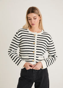  CONTRAST TRIM STRIPED KNITTED CARDIGAN - BLACK / WHITE