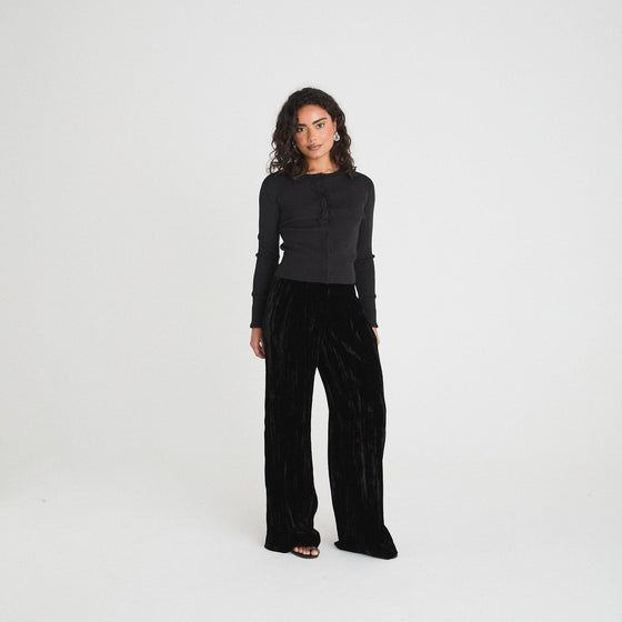 VELVET TAILORED WIDE LEG TROUSERS - BLACK