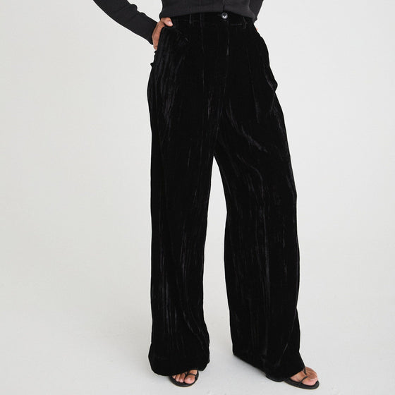 VELVET TAILORED WIDE LEG TROUSERS - BLACK