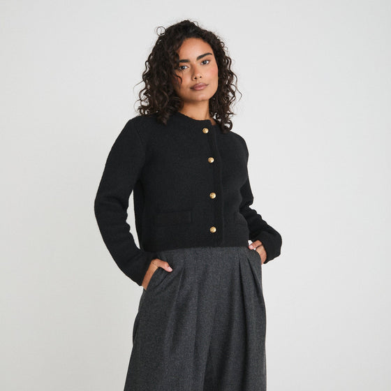 CONTRAST TRIM KNITTED CARDIGAN - BLACK