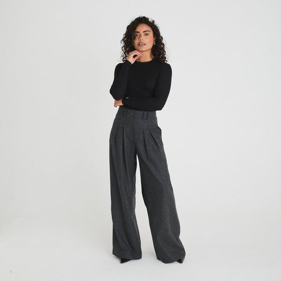 WOOL TAILORED WIDE LEG TROUSERS - DARK GREY